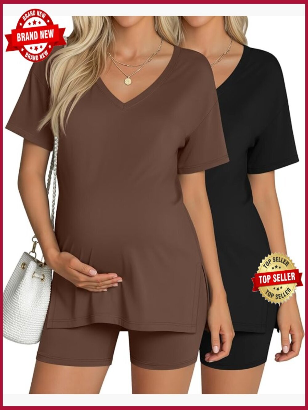 2-Piece Maternity Pajama Set Side Split Tee & Biker Shorts Lounge